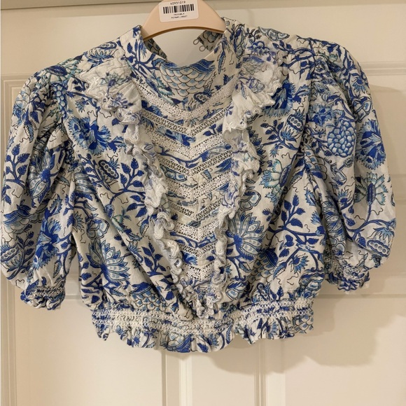 HEMANT & NANDITA Blue and White Floral Crop Top and Skirt Set - Picture 3 of 4